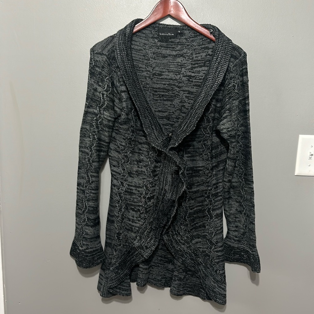 Brittany Black Open Cardigan Tunic Sweater Marled Gray/Black Ruffle XL EUC!!